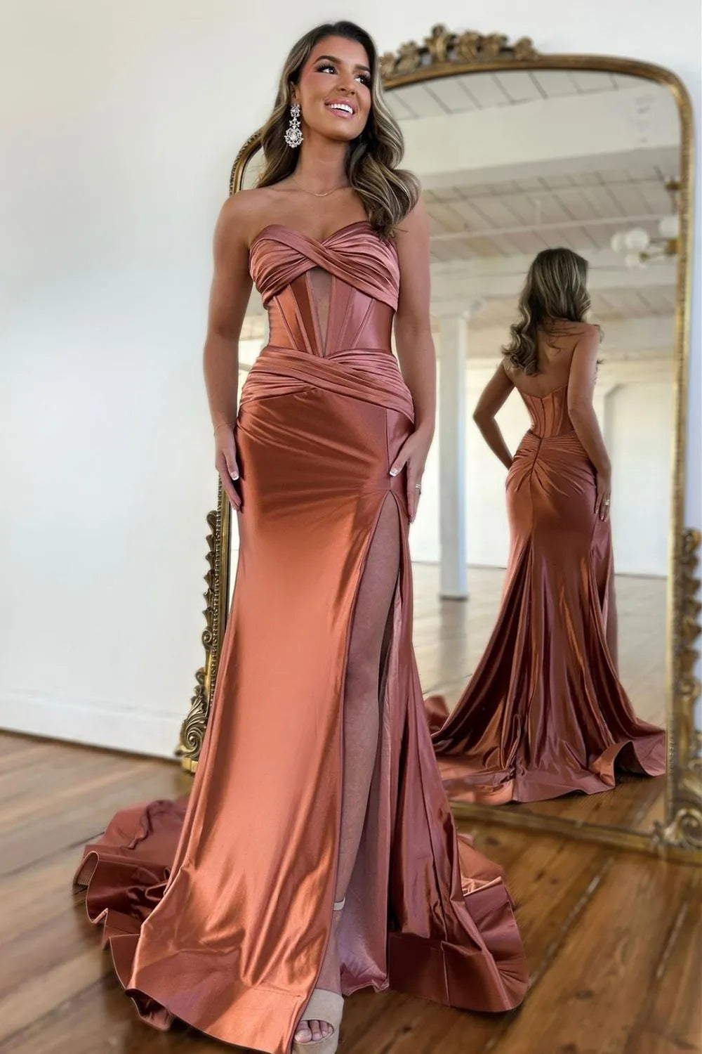 Wholesale Newly Mermaid Sweetheart Long Corset Satin Prom Dress With Split prom dresses with long sleeves